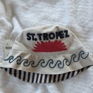 Anthropologie St. Tropez Embroidered Bucket Hat - Cream and Blue